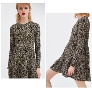 ZARA Trafaluc Knit Leopard Print Tiered Long Sleeve Mini Dress - L | Large